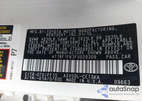 2015 Toyota Camry Se z USA, uszkodzony, nr VIN 4T1BF1FK3FU020309